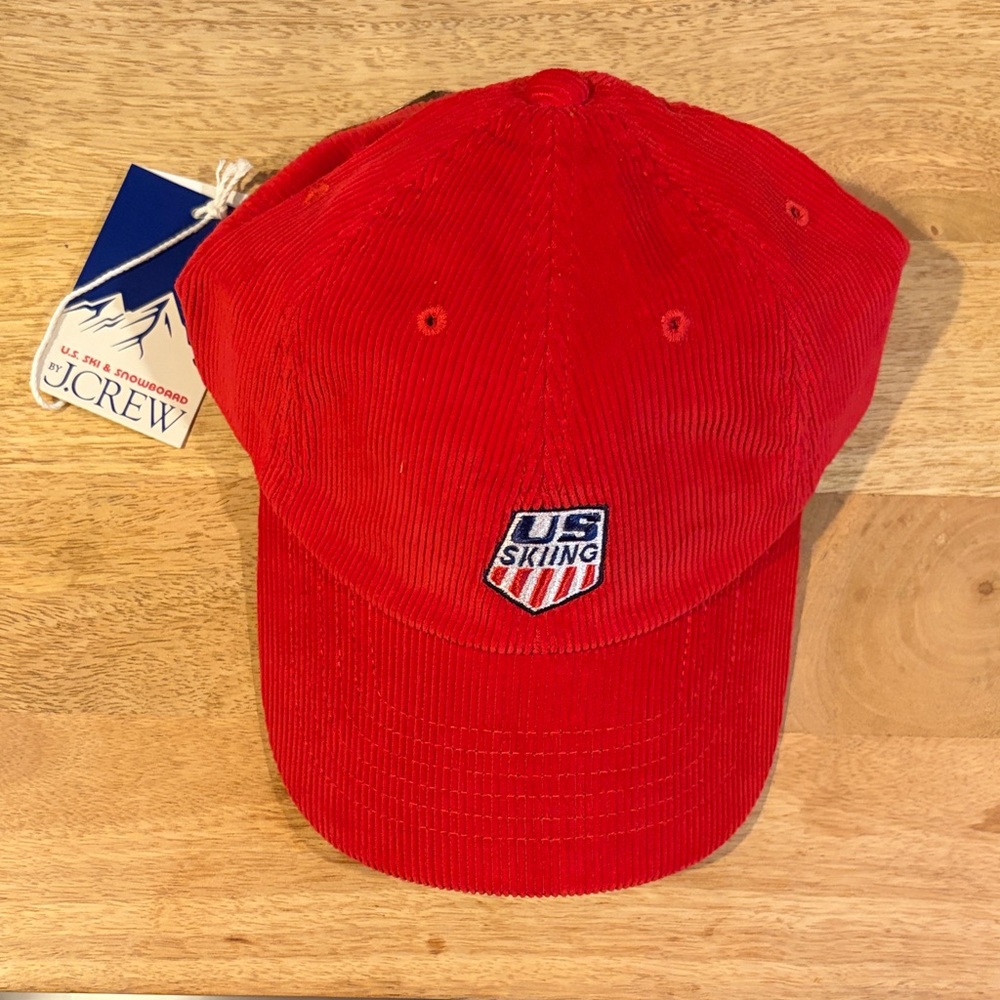 J. Crew Red Corduroy US Skiing Baseball Cap NWT